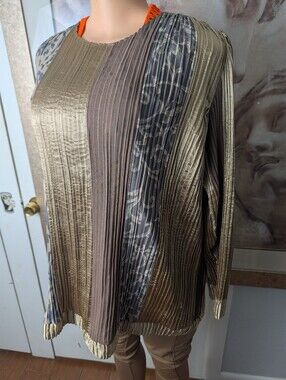 Jeanne Marc Vintage Pleated Blouse Gold Bronze Art To Wear Size M(12-14)